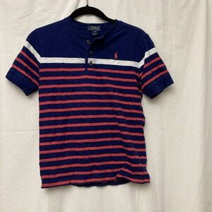 Polo Ralph Lauren Boys Blue w/White and Red Stripes Short Sleeve Henley - SZ M